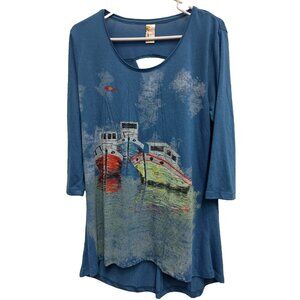 A Walk In The Park Womens Wearable Art Tunic Top Large Blue Ship Print Nautical